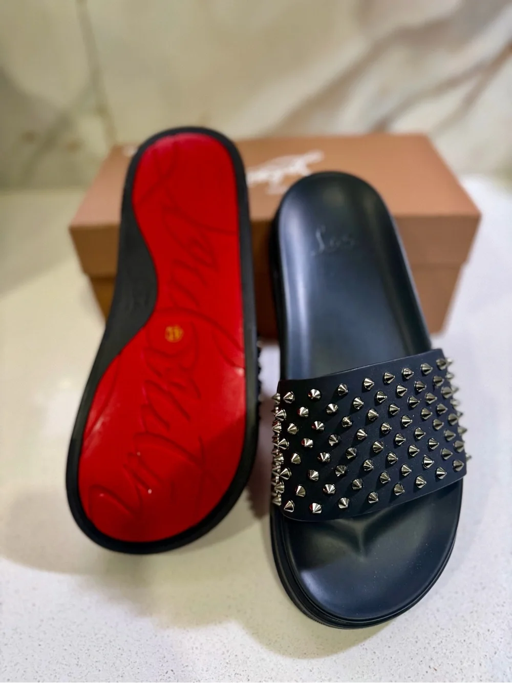 Louboutin Black Studded Slide Sandals - Luxury Designer